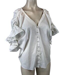 DOUBLE STANDARD CLOTHING -WOMEN'S 36 - WHITE SHORT RUFFLE SLEEVE V NECK TOP